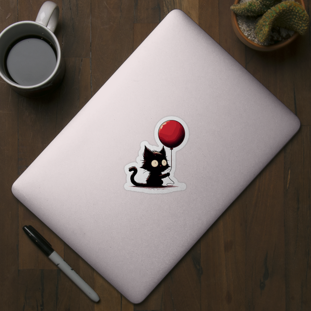 Confused black cat holding red balloon by TomFrontierArt